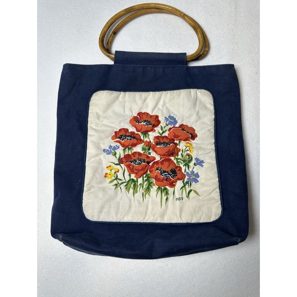 Vintage Navy Canvas Tote Bag Embroidered Floral Poppies Bamboo Handles
